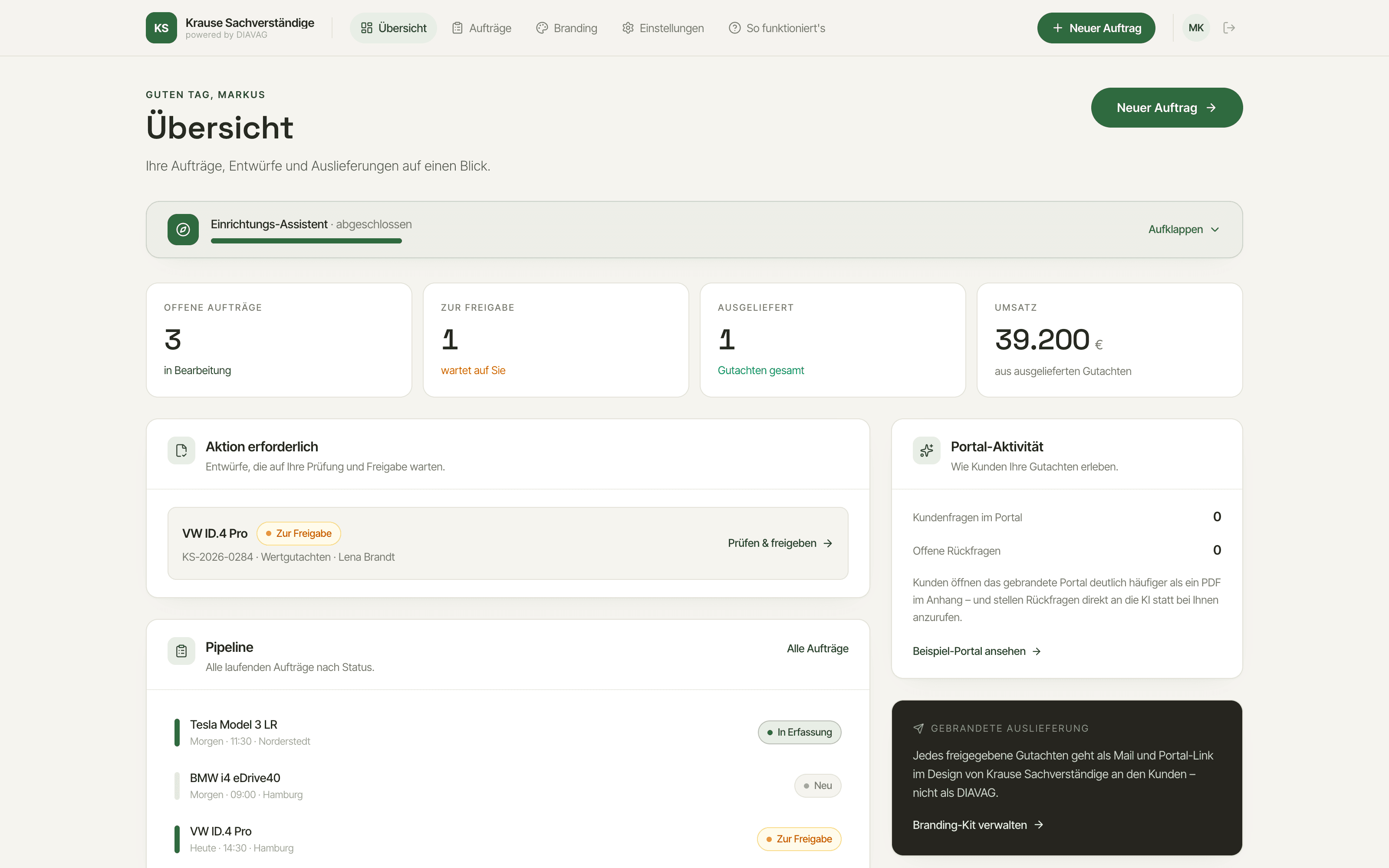 DIAVAG Plattform: Dashboard mit Kennzahlen, Auftrags-Pipeline und Portal-Aktivität