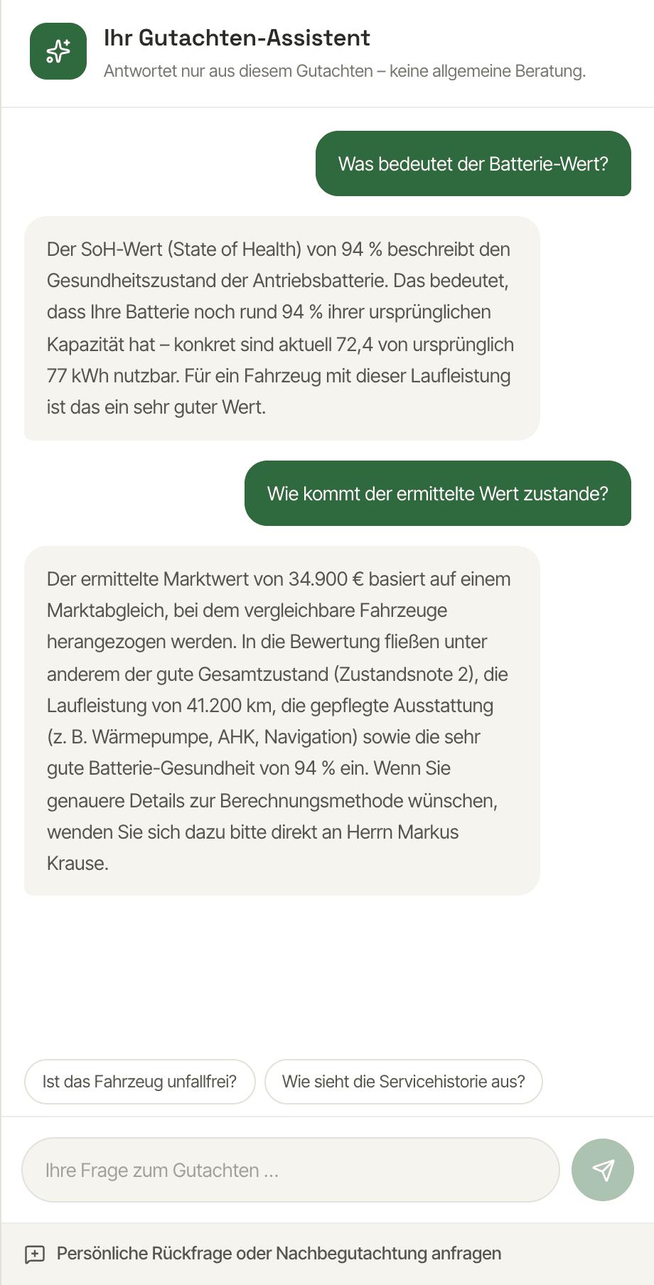 KI-Chat im DIAVAG-Kundenportal: Der Kunde fragt nach dem Batterie-Wert und der Wertermittlung, der Chat antwortet direkt aus dem Gutachten